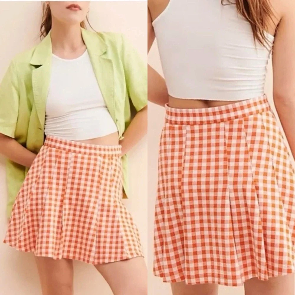 Free People Honey Pleated Mini Skirt Orange Gingham Size 10, Preppy, School girl